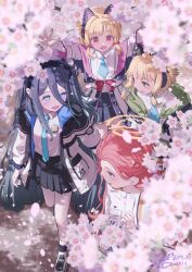  4girls :d animal_ear_headphones animal_ears aqua_bow aqua_halo aris_(blue_archive) black_hair black_hairband black_jacket black_skirt blonde_hair blue_archive blue_eyes blue_necktie blunt_bangs blush bow braid bright_pupils cat_ear_headphones cherry_blossoms collared_shirt commentary_request fake_animal_ears falling_petals flower from_above game_development_department_(blue_archive) green_eyes green_halo green_hood hair_bow hairband halo hampem7 headphones highres hood hooded_jacket id_card jacket long_hair long_hair_between_eyes long_sleeves looking_ahead looking_at_another looking_to_the_side low-tied_sidelocks midori_(blue_archive) miniskirt momoi_(blue_archive) multicolored_clothes multicolored_jacket multiple_girls necktie one_side_up open_clothes open_hands open_jacket open_mouth outstretched_arms parted_bangs petals pink_bow pink_eyes pink_flower pink_halo pink_petals pleated_skirt red_hair ringed_eyes shirt shoes short_hair sidelocks skirt smile sneakers tie_clip two-sided_fabric two-sided_jacket very_long_hair walking white_footwear white_jacket white_pupils white_shirt wide_sleeves yuzu_(blue_archive) 