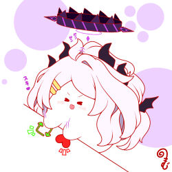  &gt;_&lt; :d ahoge arrow_(symbol) black_wings blue_archive blush chibi closed_eyes fang grey_hair hair_ornament hairclip halo heart highres hina_(blue_archive) horns kurukurumagical like_and_retweet long_hair motion_lines notice_lines open_mouth outline parted_bangs red_outline simple_background single_hair_intake smile solo translation_request very_long_hair white_background wings xd 