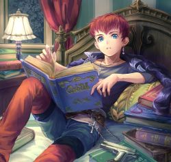  1boy black_shirt blood blouse blue_eyes bomssp book colored_blood earrings highres indoors jewelry jr. lamp looking_at_viewer male_focus necklace on_bed pile_of_books purple_blood red_hair shirt single_earing single_earring sitting solo xenosaga 