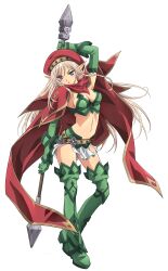  1girl absurdres alleyne_(queen&#039;s_blade) arm_up armpits beret blonde_hair blue_eyes blush boots braid breasts cape cleavage elbow_gloves elf full_body gloves green_footwear green_gloves green_thighhighs hat highres holding holding_weapon long_hair looking_at_viewer midriff navel official_art parted_lips pointy_ears polearm queen&#039;s_blade side_braid sideboob simple_background skirt small_breasts solo spear stomach tachi-e thigh_boots thighhighs tsurime very_long_hair weapon white_background white_skirt 