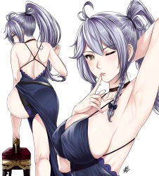 1girl ahoge arm_behind_head arm_up armpits ass back backless_dress backless_outfit bad_id bad_pixiv_id bare_arms bare_legs black_bow black_choker black_panties blue_dress bow braid breasts choker cleavage clothes_lift collarbone crossed_bangs dress dress_lift finger_to_mouth from_behind granblue_fantasy hair_between_eyes hair_bow hair_tie half-closed_eyes high_heels high_ponytail highres kneepits large_breasts leg_up long_hair looking_at_viewer multiple_views no_bra one_eye_closed panties pantylines parted_lips signature silva_(gentian_blue)_(granblue_fantasy) silva_(granblue_fantasy) silver_hair simple_background sleeveless sleeveless_dress standing stool twin_braids underwear white_background xter yellow_eyes rating:Sensitive score:174 user:danbooru