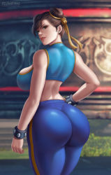 1girl ass bare_shoulders breasts brown_eyes brown_hair capcom chun-li flowerxl from_behind hair_ribbon huge_ass large_breasts looking_at_viewer ribbon shiny_clothes shiny_skin short_hair sideboob skin_tight smile solo spandex street_fighter street_fighter_zero_(series) rating:Questionable score:73 user:armorcrystal