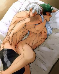  2boys abs anal ass bad_tag barefoot bed bed_sheet bicolor_hair blush boku_no_hero_academia bottomless bottomless_(male) burn_scar closed_eyes covered_penis curly_hair feet freckles frizzy_hair green_hair happy_sex knees legs midoriya_izuku moaning multiple_boys muscular nipples on_bed open_mouth pillow pleasure_rape red_hair scar scar_on_arm scar_on_hand sex sex_from_behind shirt short_hair shorts shounen_jump students sweat sweatdrop teenage_boy tododeku todoroki_shouto topless topless_male white_hair yaoi 