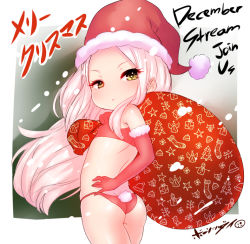 1girl ass bad_id bad_pixiv_id bikini born-to-die brown_eyes christmas elbow_gloves flat_chest from_behind gloves hat loli long_hair looking_at_viewer looking_back original panties pink_hair rabbit_tail sack santa_hat solo swimsuit tail underwear rating:Questionable score:68 user:danbooru