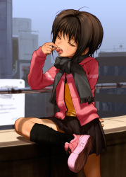  1girl arm_behind_back arm_support black_scarf black_socks blouse brown_eyes brown_hair candy food half-closed_eyes hand_to_own_mouth highres jacket kneehighs leg_up loli original petite pleated_skirt rustle scarf sexually_suggestive shirt shoes skirt sneakers socks solo textless_version tongue yellow_shirt yonic_symbol  rating:Questionable score:82 user:danbooru