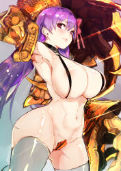 10s 1girl absurdres areola_slip armpits arms_behind_head bare_shoulders breasts claws covered_erect_nipples covering_privates covering_crotch crotch_plate fate/extra fate/extra_ccc fate_(series) gluteal_fold groin halterneck highres hiranko huge_breasts lips long_hair looking_at_viewer navel partially_visible_vulva passionlip_(fate) purple_eyes purple_hair revealing_clothes sideboob skindentation solo standing thighs very_long_hair white_legwear rating:Questionable score:82 user:danbooru