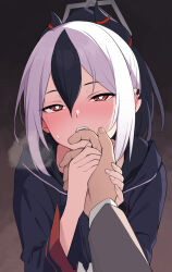  1boy 1girl biting_another&#039;s_finger black_hair blue_archive blush bright_pupils earclip fangs halo heavy_breathing highres holding_hands hood hoodie horns kayoko_(blue_archive) looking_at_viewer multicolored_hair open_mouth pov pov_hands red_eyes solo_focus sweat teeth tsuki_tokage two-tone_hair upper_body white_hair white_pupils 