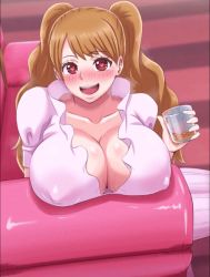  1girl animated blush breasts brown_eyes brown_hair charlotte_pudding cleavage covered_erect_nipples heart heart-shaped_pupils holding_glass large_breasts long_hair looking_at_viewer mikanberry one_piece open_clothes open_shirt sitting smile solo source_request symbol-shaped_pupils twintails  rating:Questionable score:42 user:Cujoh