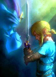  1boy bad_id bad_pixiv_id blonde_hair earrings closed_eyes fi_(zelda) fingerless_gloves gloves highres holding holding_sword holding_weapon jewelry link looking_at_another male_focus master_sword nintendo pointy_ears profile sword the_legend_of_zelda the_legend_of_zelda:_breath_of_the_wild the_legend_of_zelda:_skyward_sword tunic ug_(ugg) upside-down weapon 