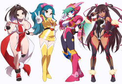 4girls armor black_bodysuit black_gloves black_leotard blue_eyes blue_hair bodysuit boots breasts brown_eyes brown_hair choudenji_machine_voltes_v cleavage commentary_request dark-skinned_female dark_skin fingerless_gloves fur_trim gloves green_hair hand_fan helmet high_ponytail holding japanese_clothes kaidou_zx kimono kuji-in large_breasts leotard long_hair looking_at_viewer marino_(mega_man) medium_breasts mega_man_(series) mega_man_x:_command_mission mega_man_x_(series) mizuki_yukikaze multiple_girls ninja oka_megumi open_mouth pink_helmet pink_leotard ponytail purple_eyes red_kimono revealing_clothes shiranui_mai shoulder_armor small_breasts smile taimanin_(series) taimanin_yukikaze tan tanline teeth the_king_of_fighters thigh_boots trait_connection two_side_up upper_teeth_only v white_gloves yellow_bodysuit yellow_footwear 