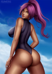 1girl ass bleach breasts dark_skin dark-skinned_female female_focus flowerxl large_breasts lipstick looking_at_viewer looking_back makeup shihouin_yoruichi solo rating:Questionable score:26 user:ron2k15