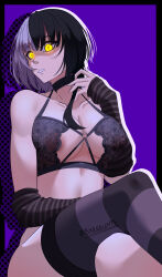  1girl absurdres areola_slip black_bra black_hair blue_background bra breasts byakku_(byakkun97) cleavage crossed_legs detached_sleeves glowing glowing_eyes grey_hair highres hololive hololive_english large_breasts parted_lips shiori_novella short_hair silhouette simple_background solo striped_clothes striped_thighhighs thighhighs underwear virtual_youtuber yellow_eyes  rating:Questionable score:10 user:danbooru