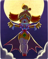  chi-iz animal_crossing fangs halloween highres leaf moon nintendo red_eyes isabelle_(animal_crossing) solo thighhighs vampire  rating:Questionable score:49 user:KiddVicious