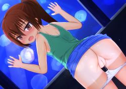 1girl ass bare_arms bare_shoulders brown_hair censored cleft_of_venus clothes_lift denim denim_skirt dutch_angle fang from_behind highres loli looking_back mosaic_censoring open_mouth original panties panty_pull pointless_censoring presenting pussy pussy_juice pussy_juice_stain pussy_juice_trail shiny_skin shirt skirt skirt_lift sleeveless sleeveless_shirt solo stained_panties tai_ichi tan underwear white_panties rating:Explicit score:97 user:Domestic_Importer