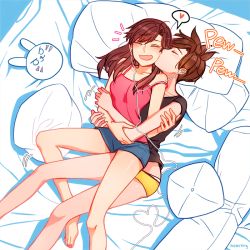 &gt;:3 2girls :3 ^^^ bare_shoulders barefoot bed bed_sheet black_shirt blue_shorts blush breasts brown_shirt cable camisole closed_mouth collarbone d.va_(overwatch) earphones facepaint facial_mark heart heart_of_string hooreng hug hug_from_behind kiss kissing_cheek lying multiple_girls on_back on_bed open_mouth overwatch overwatch_1 panties panty_peek pillow rabbit-shaped_pillow red_shirt shared_earphones shirt short_shorts short_sleeves shorts sleeveless smile spoken_heart toenails tracer_(overwatch) underwear v-shaped_eyebrows whisker_markings white_panties yellow_shorts yuri rating:Sensitive score:83 user:danbooru