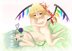 2girls aminosan bare_shoulders barefoot blonde_hair blush body_blush breasts clitoris collarbone embarrassed female_focus flandre_scarlet green_eyes green_hair hair_ornament komeiji_koishi loli long_hair lying multiple_girls navel nipples nude on_back open_mouth pussy red_eyes short_hair spread_legs tears thighs touhou tribadism uncensored wings yuri rating:Explicit score:53 user:Dolljoints