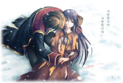  1boy 1girl bad_id black_coat black_hair black_pants blood blood_drip blood_on_snow brown_capelet brown_dress brown_gloves brown_hair capelet chest_guard coat commentary_request cradling cuts dress dying floral_print full_body gloves half-closed_eyes injury korean_commentary korean_text long_hair long_sleeves multicolored_coat open_mouth pants priest_(ragnarok_online) ragnarok_online red_coat rose_print snow swordsman_(ragnarok_online) two-tone_coat zinno 