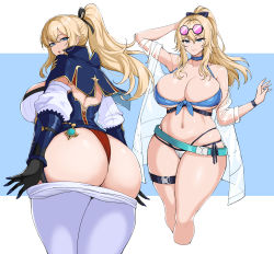  1girl absurdres ass blonde_hair blue_eyes breasts cleavage curvy genshin_impact hella_p highres huge_ass huge_breasts jean_(genshin_impact) large_breasts long_hair looking_at_viewer looking_back open_mouth ponytail smile swimsuit thick_thighs thighs undressing wide_hips  rating:Explicit score:159 user:Galvano