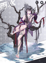  1girl absurdly_long_hair bare_legs bare_shoulders barefoot black_hair braid branch breasts caomei_naitu_caibushi_tuzaizi changmingsuo chinese_text feet full_body highres hmong jewelry long_hair looking_at_viewer miao_clothes necklace original pond purple_eyes sitting snake solar_term solo tachi-e toes very_long_hair virtual_youtuber water 