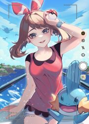  2girls :d ariekochan boat bow brown_hair cloud cloudy_sky creatures_(company) cynthia_(pokemon) game_freak gen_3_pokemon grey_eyes hair_bow highres holding holding_poke_ball looking_at_viewer may_(pokemon) mudkip multiple_girls nintendo open_mouth pelipper poke_ball poke_ball_(basic) pokemon pokemon_(creature) pokemon_oras red_bow red_shirt shirt shorts sky smile teeth upper_teeth_only viewfinder water watercraft wingull 