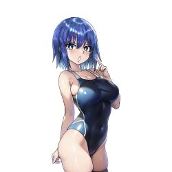  1girl absurdres aqua_eyes arm_behind_back blue_hair breasts ciel_(tsukihime) competition_swimsuit covered_navel highres large_breasts legs melty_blood one-piece_swimsuit open_mouth short_hair solo swimsuit thighs tsukihime  rating:Sensitive score:19 user:spk