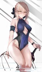 1girl ahoge arm_support artoria_pendragon_(all) artoria_pendragon_(fate) blonde_hair blush breasts center_opening commentary_request competition_swimsuit excalibur_morgan_(fate) fate/grand_order fate/stay_night fate_(series) groin hair_ribbon hand_on_hilt highres leotard long_hair looking_at_viewer medium_breasts misaka_12003-gou one-piece_swimsuit ribbon saber_alter sitting skindentation solo swimsuit sword thighs twitter_username wading weapon wet yellow_eyes rating:Sensitive score:53 user:danbooru