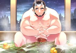  1boy absurdres averting_eyes bar_censor bara beard black_hair blush broken_horn censored completely_nude demon_boy demon_horns facial_hair flaccid full_beard highres horns interlocked_fingers large_pectorals leaning_forward live_a_hero male_focus male_pubic_hair mature_male muscular muscular_male nessen_(live_a_hero) night night_sky nude one_eye_closed onsen osu_(osumankokuou) own_hands_together pectorals penis pubic_hair rubber_duck short_hair shy sky snowing soaking_feet solo spread_legs steam thick_eyebrows uneven_eyes 