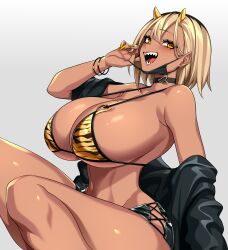  1girl absurdres animal_print black_choker black_shirt black_shorts black_skirt blonde_hair bracelet breasts choker claw_pose cleavage commentary_request dark-skinned_female dark_skin demon_girl demon_horns gold_nails gold_necklace gyaru hair_ornament highres horns huge_breasts hz_(666v) jewelry mask mask_pull mole mole_on_breast mouth_mask necklace off_shoulder open_clothes open_hand open_shirt original paid_reward_available sharp_teeth shirt shorts sitting skirt teeth tiger_print tiger_stripes 