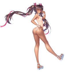 1girl aoi_nagisa_(metalder) ass bare_legs beach bikini breasts brown_hair butt_crack cameltoe cleavage dark-skinned_female dark_skin feet fingernails full_body gloves highres huge_ass lilith-soft long_hair long_twintails looking_back looking_to_the_side mizuki_yukikaze nipples one-piece_tan outdoors pink_eyes sandals see-through shiny_skin side-tie_bikini_bottom simple_background single_glove skin_tight smile solo swimsuit taimanin_(series) taimanin_rpgx taimanin_yukikaze tan tanline tongue tongue_out twintails v very_long_hair wet wet_clothes wet_swimsuit white_background white_bikini rating:Questionable score:148 user:fakyuh