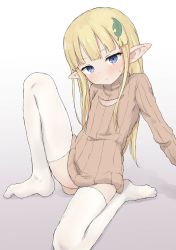 1girl absurdres blonde_hair blue_eyes blush brown_sweater cleavage_cutout closed_mouth clothing_cutout elf female_focus full_body hair_ornament head_tilt highres leaf_hair_ornament long_hair looking_at_viewer no_shoes original pointy_ears ribbed_sweater simple_background solo sweat sweater thighhighs very_long_hair white_background white_thighhighs yakihebi rating:Questionable score:66 user:danbooru