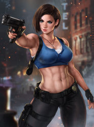  1girl abs adapted_costume bare_shoulders belt beretta_92 black_gloves blue_eyes breasts brown_hair cleavage collarbone dandon_fuga finger_on_trigger fingerless_gloves gloves gun handgun highres jewelry jill_valentine large_breasts legs_apart lips midriff muscular muscular_female necklace pants parted_lips pistol resident_evil resident_evil_3 resident_evil_3:_nemesis resident_evil_3_(remake) samurai_edge short_hair smoke solo sports_bra weapon  rating:Sensitive score:90 user:Flurryofstars
