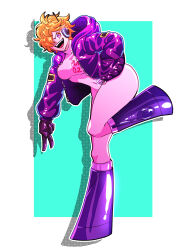  1girl absurdres artist_request ass bodysuit breasts curvy full_body gloves hair_over_one_eye hand_in_pocket highres huge_ass jacket large_breasts one_piece orange_hair pink_bodysuit purple_jacket shiny_clothes v vegapunk_lilith wide_hips  rating:Sensitive score:4 user:popotepopote