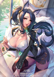  1girl ahri_(league_of_legends) alternate_costume animal_ears black_hair breasts brown_eyes cian_yo cleavage facial_mark fox_ears highres jewelry lace lace-trimmed_legwear lace_trim large_breasts league_of_legends long_hair miniskirt office_lady ponytail ring riot_games skirt solo thighhighs whisker_markings  rating:Sensitive score:70 user:danbooru