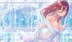  1girl bare_shoulders blue_eyes breasts bride character_name cleavage closed_mouth collarbone dress falling_petals feathers gloves go-toubun_no_hanayome hair_ornament highres large_breasts long_hair long_hair_between_eyes looking_at_viewer nakano_miku petals reaching reaching_towards_viewer shimoyuki solo wedding_dress white_gloves 