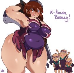  1girl 3boys bald bare_legs belly blush breasts cattleya_(queen&#039;s_blade) cattleya_(queen&#039;s_blade)_(cosplay) cosplay ear_piercing highres huge_breasts jewelry lightsource multiple_boys necklace piercing plump purin_(lightsource) queen&#039;s_blade rana rana_(cosplay) sideboob thick_thighs thighs weapon wide_hips 