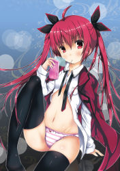10s 1girl absurdres ahoge black_thighhighs bow bow_panties candy cellphone date_a_live erimu food highres holographic_interface itsuka_kotori lollipop long_hair long_sleeves looking_at_viewer necktie no_pants open_clothes open_shirt panties partially_undressed phone purple_panties red_eyes red_hair shirt smartphone solo striped_clothes striped_panties thighhighs twintails underwear very_long_hair rating:Questionable score:28 user:danbooru