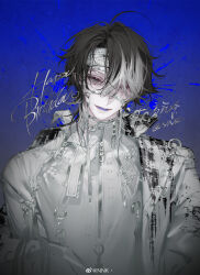  1boy absurdres ahoge artist_name bad_source bishounen black_hair blue_background character_request copyright_request hair_over_one_eye happy_birthday headband highres jacket long_sleeves lower_teeth_only male_focus multicolored_hair nnk_(nongnong) open_mouth purple_eyes shirt short_hair simple_background smile solo streaked_hair teeth turtleneck turtleneck_shirt upper_body weibo_watermark white_hair white_headband white_jacket white_shirt white_sleeves zipper zipper_pull_tab 