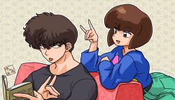  1boy 1girl :d artist_logo artist_name asa_no_ha_(pattern) belt bent_over black_belt black_hair black_shirt blue_sweater blunt_bangs blunt_ends bob_cut book brown_eyes brown_hair couch elbow_rest english_text fox_shadow_puppet green_pants grey_background hair_between_eyes holding holding_book inverted_bob kunou_tatewaki long_sleeves looking_back on_couch open_book open_mouth pants ranma_1/2 reading ribbed_shirt shirt signature sitting smile sweater tendou_nabiki tongue tongue_out translated twitter_username upper_body wanta_(futoshi) 