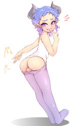 1boy ass blue_hair blush demon_boy fang highres horns looking_at_viewer looking_back male_focus naughty_face noise_(lesion949) open_mouth original pantyhose pointy_ears purple_eyes purple_pantyhose shota simple_background smile solo testicles trap wavy_hair white_background rating:Explicit score:168 user:danbooru