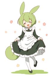  1girl :d absurdres animal_ears apron black_dress blush closed_eyes collared_dress dot_nose dress facing_viewer foot_up frilled_apron frills full_body green_hair head_tilt highres knees_together_feet_apart long_hair long_sleeves low-tied_long_hair open_mouth petticoat rabbit_ears sidelocks simple_background skirt_hold smile solo voicevox white_apron white_background zundamon zungurimukkuri_tarou 