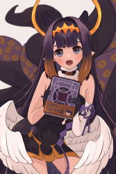  1girl absurdres animal_ears ao-chan_(ninomae_ina&#039;nis) bare_shoulders black_collar black_dress black_gloves black_hair blue_eyes blunt_bangs blush book center-flap_bangs collar commentary contrapposto cowboy_shot cutout_above_navel detached_sleeves dress fang feathered_wings flat_chest fur-trimmed_collar fur_trim gloves gradient_hair halo headpiece highres holding holding_book hololive hololive_english long_hair looking_at_viewer low_wings mole mole_under_eye multicolored_hair ninomae_ina&#039;nis ninomae_ina&#039;nis_(1st_costume) open_mouth orange_hair pointy_ears short_dress sidelocks single_bare_arm single_detached_sleeve solo straight_hair strapless strapless_dress tentacle_hair tentacles tube_dress very_long_hair virtual_youtuber white_wings wide_hips wings yanagi_arisa 