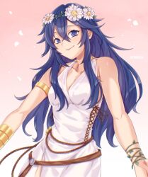  1girl armlet artist_name bare_shoulders bracelet brand_of_the_exalt breasts cleavage closed_mouth commentary dress english_commentary eyelashes fire_emblem fire_emblem_awakening fire_emblem_heroes flower hair_between_eyes hair_flower hair_ornament highres jewelry long_hair looking_at_viewer lucina_(fire_emblem) lucina_(valentine)_(fire_emblem) nintendo official_alternate_costume pink_background sidelocks sleeveless sleeveless_dress small_breasts smile solo symbol_in_eye symoca upper_body white_dress 