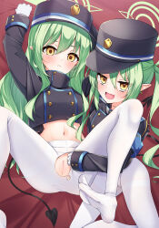  2girls aonu_koru armband assisted_exposure black_hat black_tail blue_archive blue_armband blush commentary demon_tail fang gloves green_hair green_halo halo hat highres hikari_(blue_archive) loli long_hair long_sleeves looking_at_viewer multiple_girls navel nozomi_(blue_archive) open_mouth pantyhose peaked_cap pointy_ears presenting siblings sisters skin_fang skirt smile spread_legs tail torn_clothes torn_pantyhose train_conductor twins uncensored white_gloves white_pantyhose yellow_eyes 