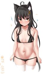  1girl ahoge animal_ear_fluff animal_ears bikini black_bikini black_hair breasts cat_ears cat_tail commentary_request crescent crescent_hair_ornament hair_ornament highres kantai_collection long_hair lowleg lowleg_bikini micro_bikini mikazuki_(kancolle) one-hour_drawing_challenge side-tie_bikini_bottom simple_background small_breasts solo string_bikini swimsuit tail tf_cafe thighhighs twitter_username white_background white_thighhighs yellow_eyes 