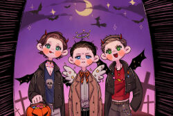  3boys angel angel_wings beard_stubble black_hair blue_eyes blush_stickers bow bowtie brothers brown_hair castiel coat cowboy_shot dean_winchester demon_horns demon_wings facial_hair freckles graveyard green_eyes halloween halloween_bucket halloween_costume halo happy_halloween horns jacket jewelry leather leather_jacket looking_at_viewer ma_nn male_focus mature_male mole mole_on_nose moon multiple_boys necklace night sam_winchester short_hair siblings smile stubble supernatural_(tv_series) tongue tongue_out trench_coat trick_or_treat wings 