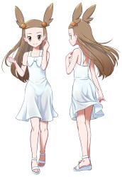 1girl bare_arms bow brown_hair clenched_hand collarbone commentary_request creatures_(company) dress eyelashes game_freak grey_eyes hair_bobbles hair_ornament hand_up jasmine_(pokemon) kneepits knees long_hair looking_at_viewer multiple_views nintendo parted_lips pokemon pokemon_gsc saitou_teikoku shoulder_blades simple_background sleeveless sleeveless_dress smile toes two_side_up white_background white_bow white_dress 