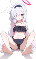 1girl alternate_costume barefoot bikini black_bikini black_eyes black_hairband blue_archive blush braid collarbone colored_inner_hair commentary flat_chest frilled_bikini frills full_body grey_hair hair_over_one_eye hair_ribbon hairband halo highres long_hair looking_at_viewer multicolored_hair navel parted_lips pink_hair plana_(blue_archive) pomu_(sonkim38792391) red_halo red_pupils ribbon side_braid simple_background single_braid sitting soles solo spread_legs strap_slip swimsuit toes two-tone_hair very_long_hair white_background white_ribbon  rating:Sensitive score:42 user:danbooru