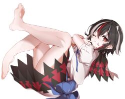 1girl absurdres arrow_print bad_feet barefoot black_hair commission full_body hayuk0 highres horns kijin_seija looking_at_viewer multicolored_hair one_eye_closed pixiv_commission red_eyes red_hair shirt short_sleeves simple_background solo streaked_hair touhou white_background white_shirt