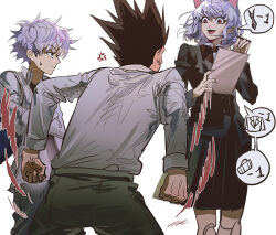  1other 2boys alternate_costume anger_vein animal_ears cat_ears chimera_ant corraboar curly_hair dress feet_out_of_frame from_below gon_freecss highres hunter_x_hunter jitome joints killua_zoldyck looking_at_another multiple_boys neferpitou sales short_hair smile smug spoken_object standing white_hair  rating:General score:9 user:danbooru