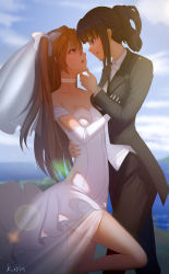 10s 2girls absurdres after_kiss aquaplus artist_name baliu bare_legs black_hair black_jacket black_pants blue_eyes bow bowtie breasts bride choker cleavage collarbone dress elbow_gloves eye_contact from_side gloves grabbing grabbing_another&#039;s_breast hair_bow highres horizon jacket leg_up lens_flare lipstick_mark long_hair long_sleeves looking_at_another multiple_girls ocean ogiso_setsuna open_mouth orange_eyes orange_hair pants ponytail profile saliva saliva_trail side_ponytail small_breasts standing standing_on_one_leg sunlight touma_kazusa veil water wedding_dress white_album_(series) white_album_2 white_bow white_bowtie white_gloves wife_and_wife yuri rating:Sensitive score:33 user:danbooru